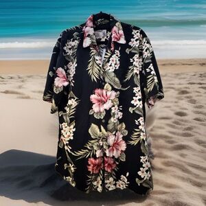 IOLANI Hawaiian Shirt Mens M‎ Medium Button Up Floral Black Vintage